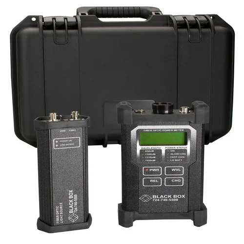 Black Box TS1300A fiber optic power meter front view with LCD display and control buttons