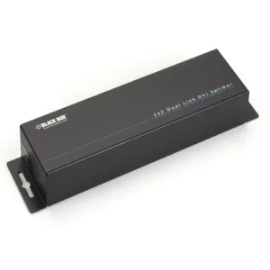 Black Box VSP-DLDVI1X2 DVI splitter front view with DVI-D input port, 2 DVI-D output ports, and LED status indicators for signal distribution