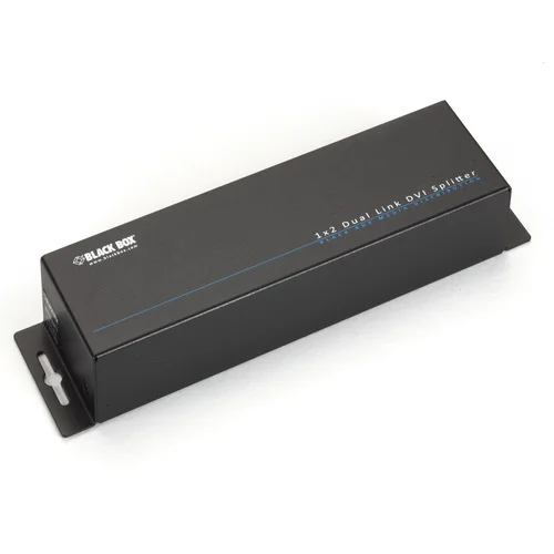 Black Box VSP-DLDVI1X2 DVI splitter front view with DVI-D input port, 2 DVI-D output ports, and LED status indicators for signal distribution