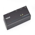 Black Box VSP-HDMI1X2-4K HDMI splitter front view with HDMI input port, 2 HDMI output ports, and LED status indicators for 4K signal distribution