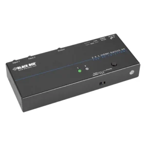 Black Box VSW-HDMI2X1-4K HDMI switch front view with 2 HDMI input ports, 1 HDMI output port, and front-panel selection button for 4K signal routing