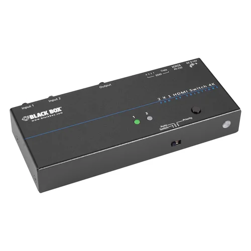 Black Box VSW-HDMI2X1-4K HDMI switch front view with 2 HDMI input ports, 1 HDMI output port, and front-panel selection button for 4K signal routing