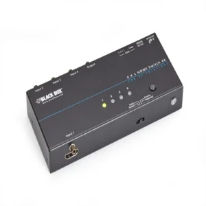 Black Box VSW-HDMI4X1-4K HDMI switch front view with 4 HDMI input ports, 1 HDMI output port, and front-panel selection buttons for 4K signal routing