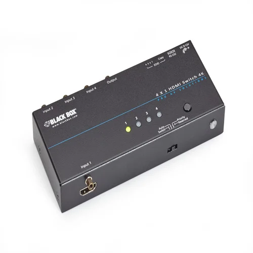 Black Box VSW-HDMI4X1-4K HDMI switch front view with 4 HDMI input ports, 1 HDMI output port, and front-panel selection buttons for 4K signal routing