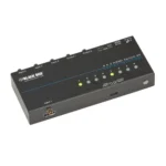 Black Box VSW-HDMI4X2-4K HDMI matrix switch front view with 4 HDMI input ports, 2 HDMI output ports, and front-panel controls for signal routing
