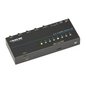 Black Box VSW-HDMI4X2-4K HDMI matrix switch front view with 4 HDMI input ports, 2 HDMI output ports, and front-panel controls for signal routing