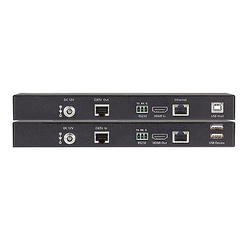 Black Box VX1000 Series VX-1001-KIT receiver back view showing HDMI output, USB ports, RS232 serial connection, Ethernet pass-through port, and 48V PoC power input requiring only a single power supply