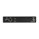 Black Box VX-HDMI-4KIP-RX KVM-over-IP receiver back view showing RJ45 network port, audio jacks, and power input for 4K video extension over IP networks