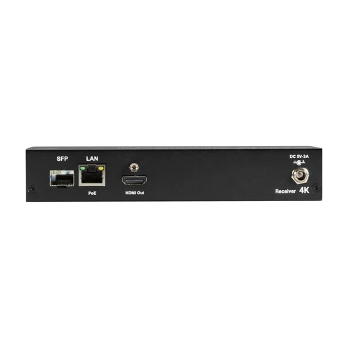 Black Box VX-HDMI-4KIP-RX KVM-over-IP receiver back view showing RJ45 network port, audio jacks, and power input for 4K video extension over IP networks