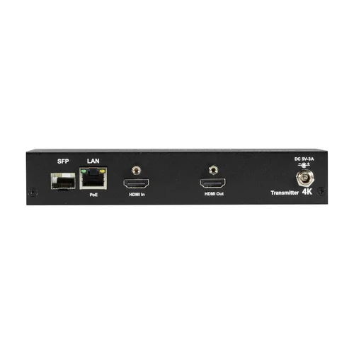 Black Box MediaCento IPX 4K VX-HDMI-4KIP-TX transmitter back view showing RJ45 Gigabit Ethernet network port, SFP fiber slot, RS232 DB9 serial control port, IR blaster connection, and 5VDC power input