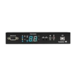 Black Box MediaCento IPX 4K VX-HDMI-4KIP-TX transmitter front view with HDMI input port, USB Type-B connector for host computer, 3.5mm audio jacks, and front-panel status LEDs for power, link, and function