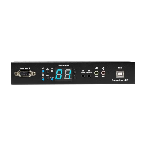 Black Box MediaCento IPX 4K VX-HDMI-4KIP-TX transmitter front view with HDMI input port, USB Type-B connector for host computer, 3.5mm audio jacks, and front-panel status LEDs for power, link, and function