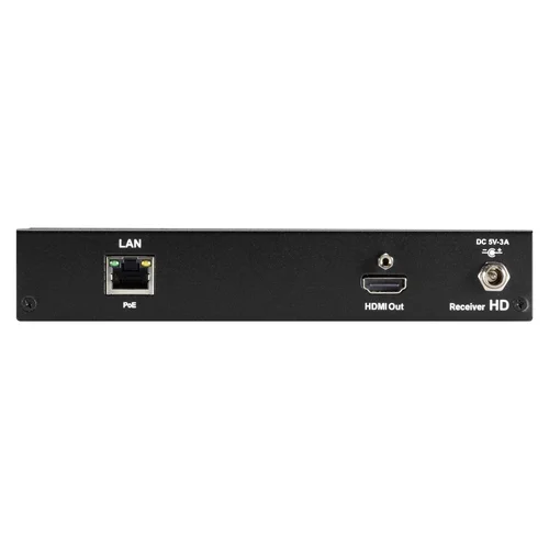 Black Box MediaCento HDIP VX-HDMI-HDIP-RX receiver back view with RJ45 network port, SFP slot, and power input