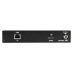 Black Box MediaCento HDIP VX-HDMI-HDIP-TX transmitter back view with RJ45 Gigabit Ethernet port, SFP fiber slot, and power input