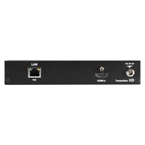 Black Box MediaCento HDIP VX-HDMI-HDIP-TX transmitter back view with RJ45 Gigabit Ethernet port, SFP fiber slot, and power input