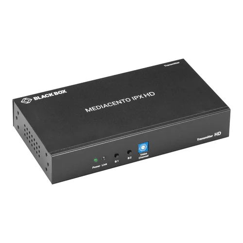 Black Box MediaCento HDIP VX-HDMI-HDIP-TX transmitter front view with HDMI input, USB port, and status LEDs for HD video over IP