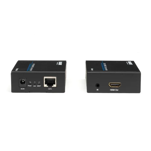 Black Box VX-HDMI-TP-100M HDMI extender back view showing RJ45 CATx link interface, IR pass-through ports, RS232 serial connection, and power input